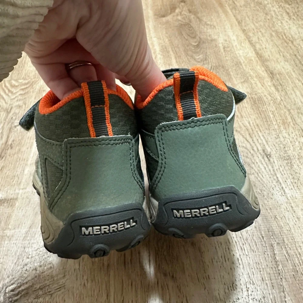 Merrell | Kids Leather Green Orange Outback Mid Hike Trail Shoes, Size 12 Mo.